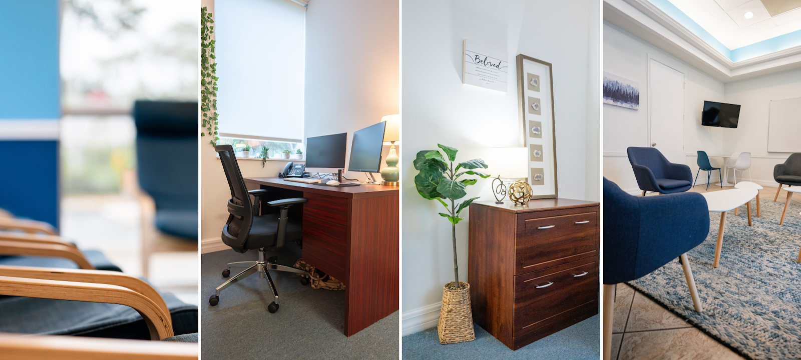 Interior office with desk, computer setup, decorative plants, and modern furnishings with window views