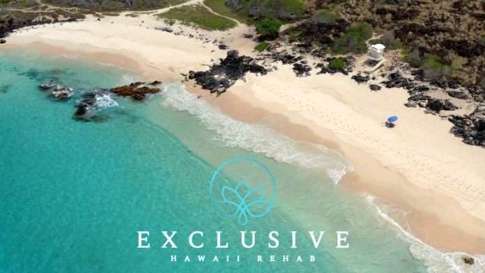 Exterior aerial view of pristine Hawaiian beach with turquoise water, white sand, and black lava rocks