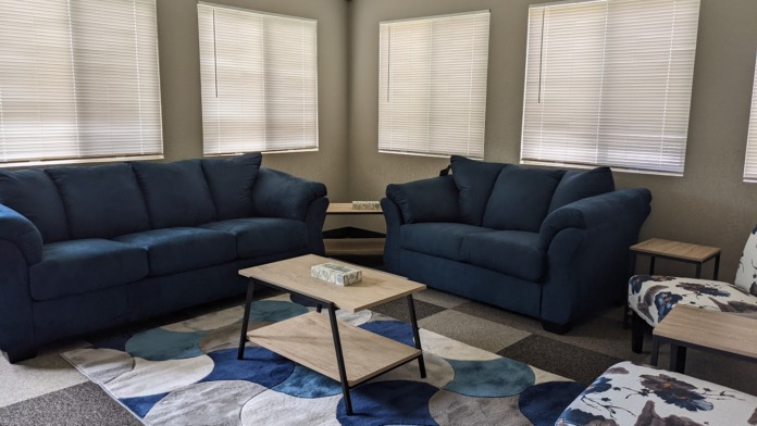 Interior lounge with two navy blue sofas, light wood coffee table, blue-toned patterned area rug, and natural window lighting.