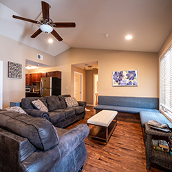 Interior common room with multiple blue upholstered seating chairs, wood flooring, ceiling fan, and wall art