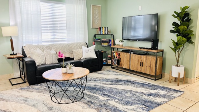 Interior common area with black furniture, round coffee table, TV, bookshelves, plants, and modern decorative elements