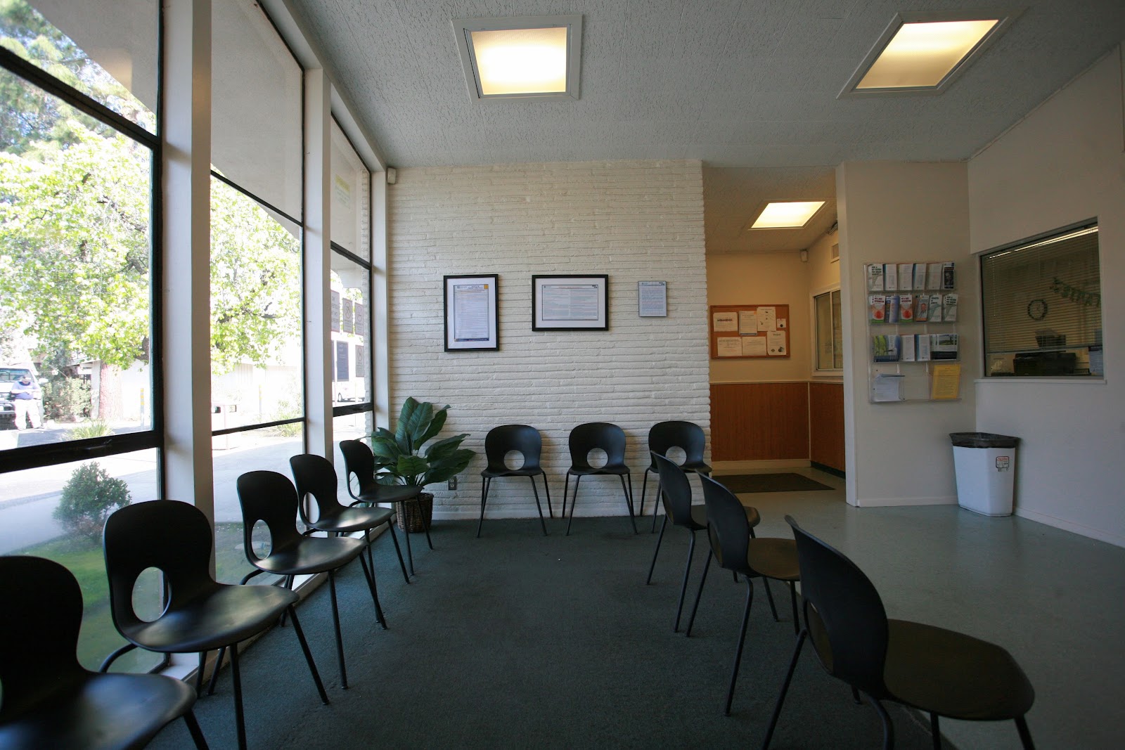 Interior waiting area with black chairs, large windows with natural light, brick walls, and potted plant