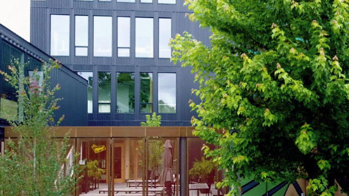 Detailed exterior view of modern building facade featuring dark corrugated metal, large window frames, and wooden entry door with ivy vegetation.
