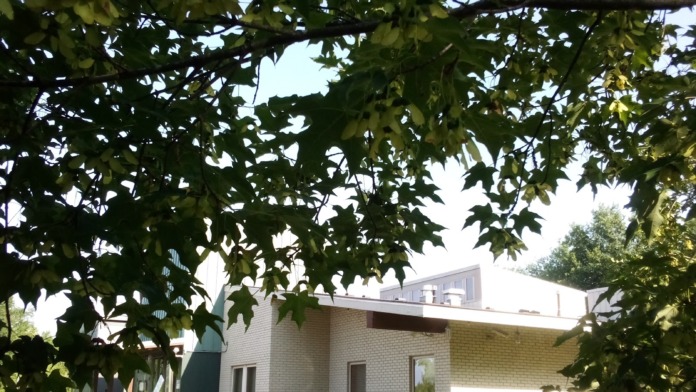 Exterior view of treatment center with brick construction, outdoor shade structure, manicured lawn and concrete walkway