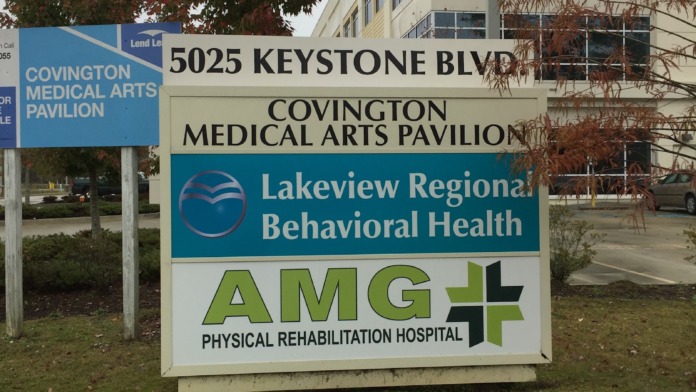 Exterior facility signage showing Lakeview Behavioral Health address at 5025 Keystone Boulevard with building visible in background