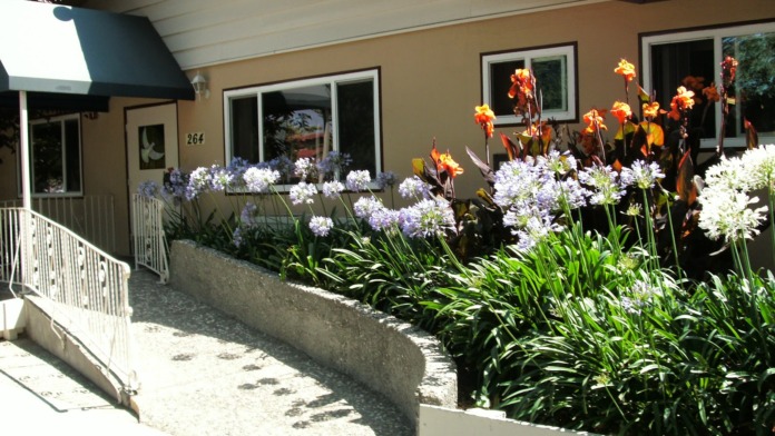 Exterior view of treatment facility entrance showing tan building facade, white railings, and colorful flower landscaping