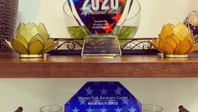 Interior shelf displaying Business Hall of Fame awards and best service recognition plaques for Warner Park Recovery Center