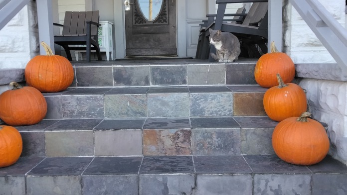 Front porch entrance with dark door, welcome signage, stone steps with pumpkins, and Adirondack chair.