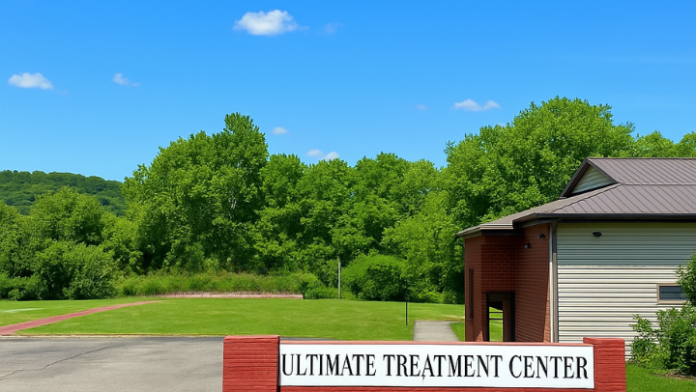 Exterior view showing facility grounds with green landscaping, driveway, and Ultimate Treatment Center identification sign with trees in background