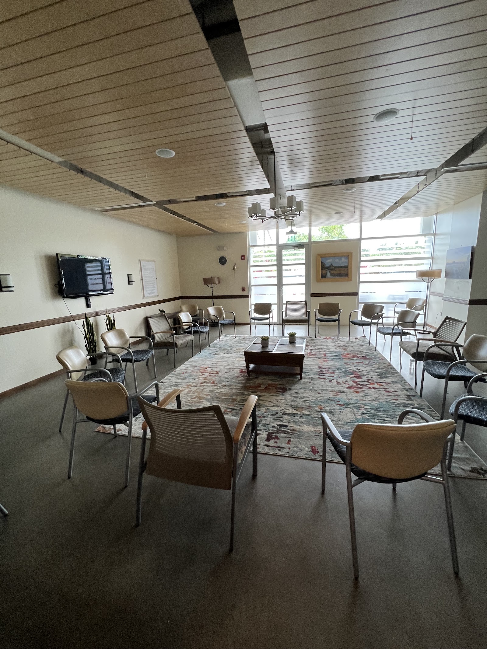 Interior group therapy room with chairs arranged in circle, television on wall, large windows providing natural light.
