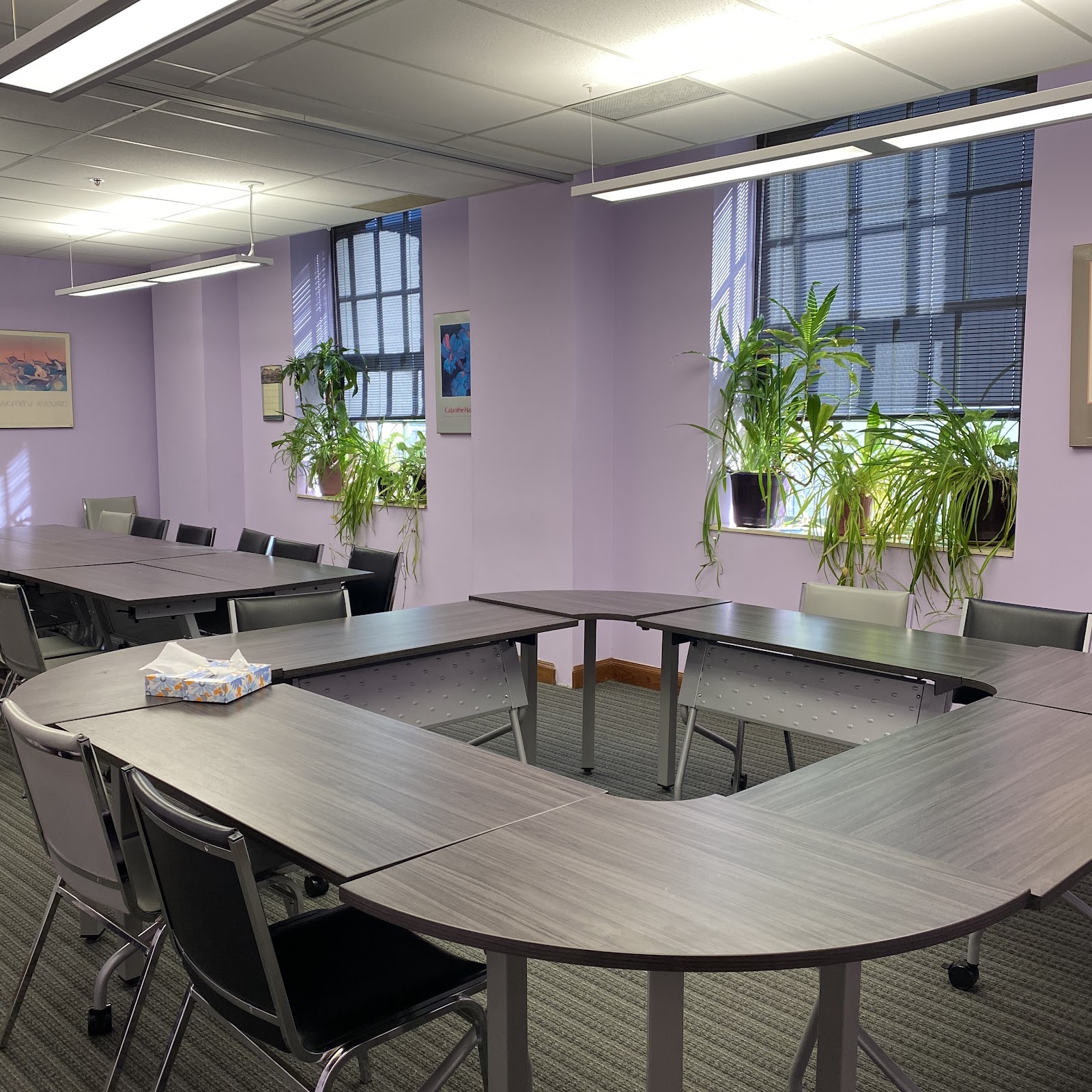 Interior training room with pink walls, round tables with chairs, whiteboard, television screen, and educational materials