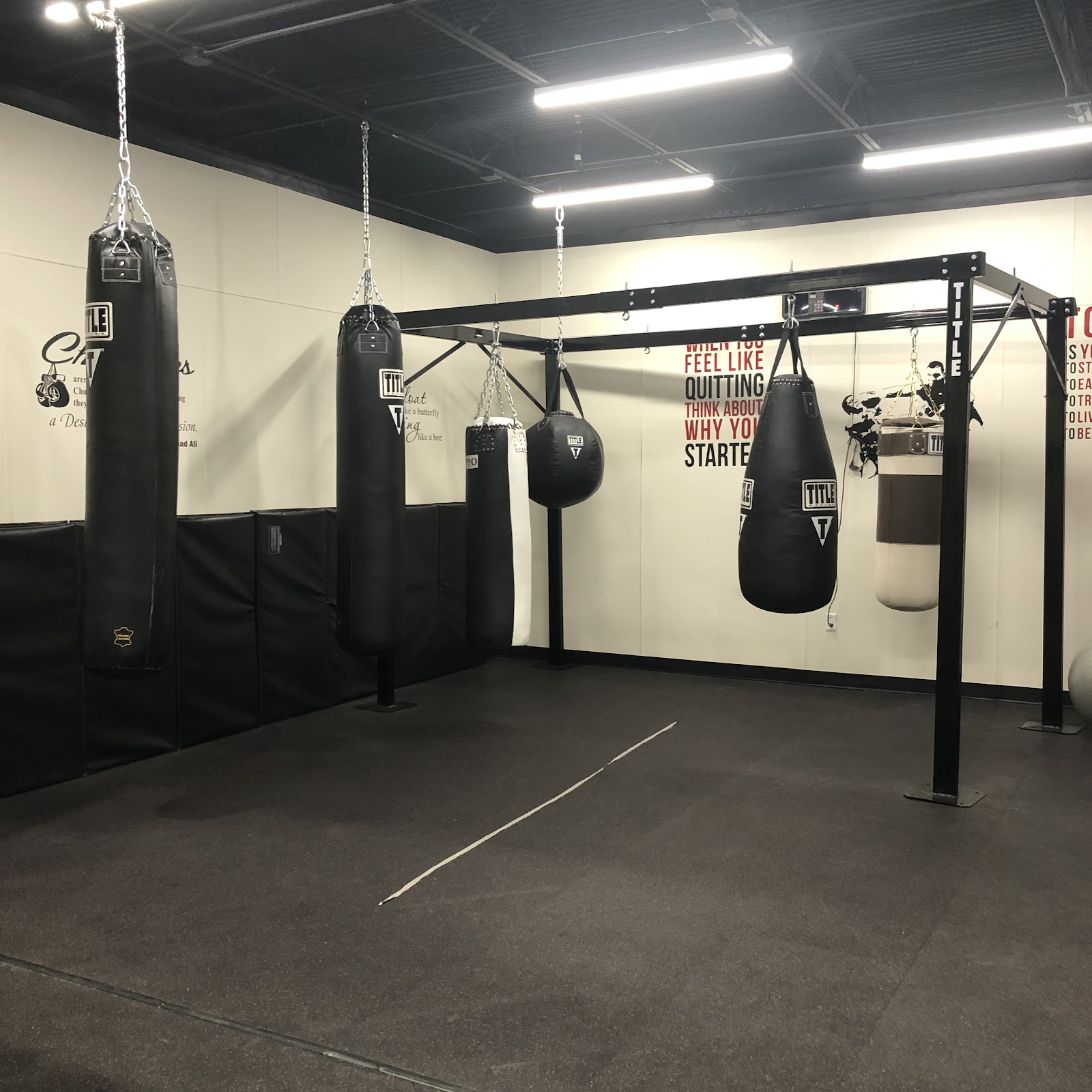 Interior boxing training room with multiple heavy bags, pull-up bars, motivational wall graphics, and equipment storage