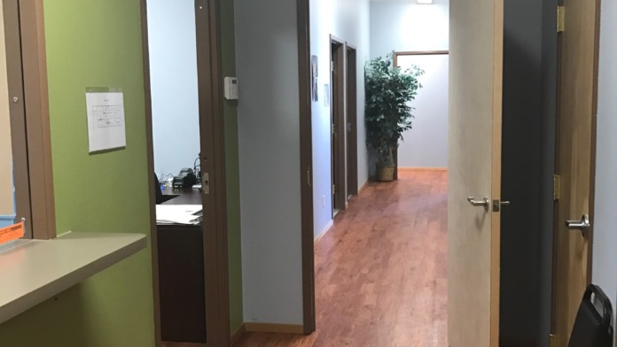 Interior hallway with lime-green and gray walls, multiple wooden doors, hardwood flooring, and overhead lighting