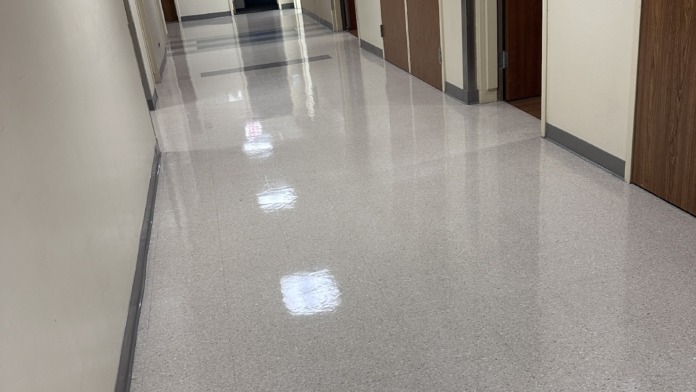 Interior clinical hallway with beige walls, multiple dark wood doors for patient rooms, and polished floors