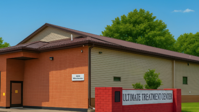 Exterior view of treatment center showing red brick building facade with Ultimate Treatment Center signage and main entrance