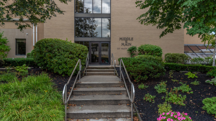 Exterior showing main entrance with stairs, tan brick facade, manicured landscaping with flowering shrubs and green plants