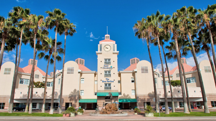 Exterior of Rady Children's Hospital main facade featuring distinctive white building with clock tower, palm trees lining the entrance