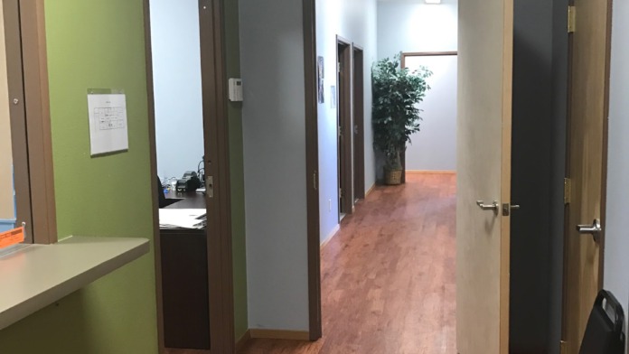 Interior hallway with lime-green and gray accent walls, hardwood flooring, multiple doorways, and black entrance mat