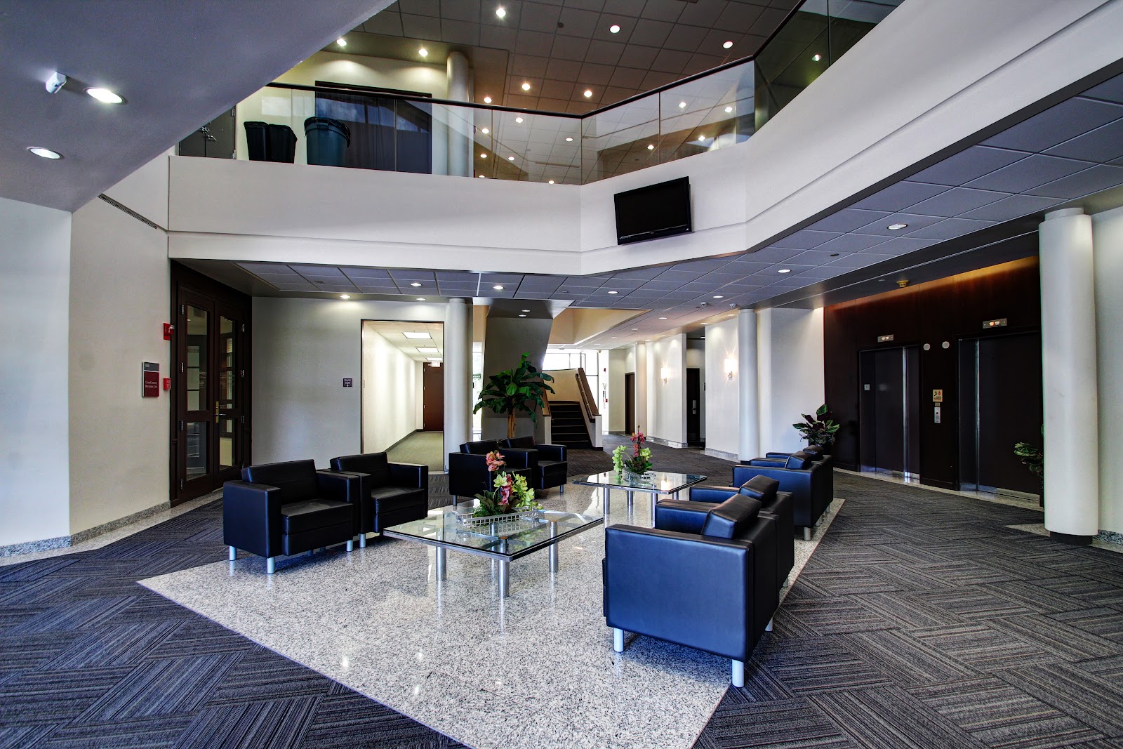 Interior reception lobby with multi-level atrium, blue and black modern furnishings, potted plants, TV monitor, and recessed lighting