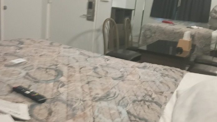 Interior view of patient room with multiple beds with patterned bedspreads, beds positioned with headroom space, white walls with dark window curtains, minimal furnishings