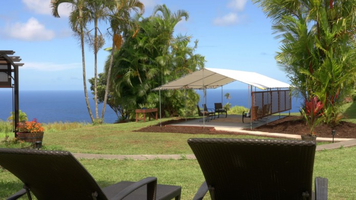 Exterior patio with shaded seating area, lounge chairs, and expansive ocean views with palm trees