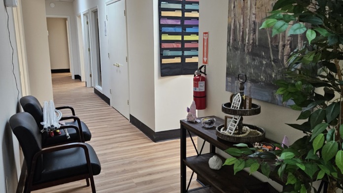 Interior hallway with wooden flooring, seating chairs, organizational wall system, plants, and professional décor.