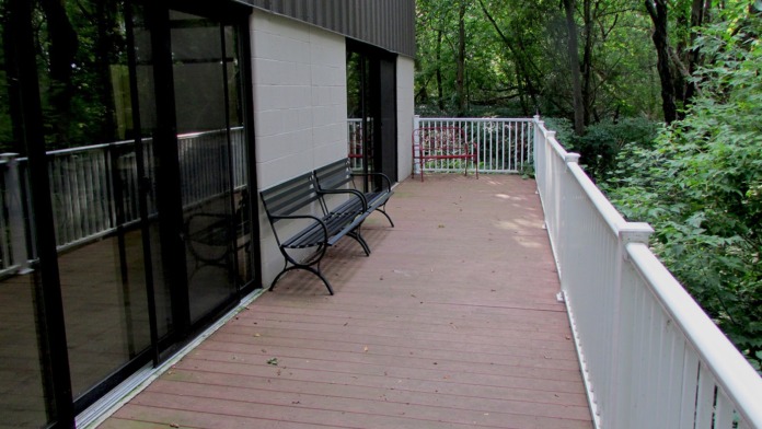 Exterior wooden deck with metal railing, seating chairs, glass doors, and surrounding dense vegetation.