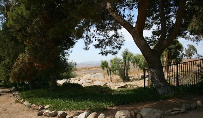 Exterior outdoor space with mature trees, seating area, and landscaped gardens on facility grounds
