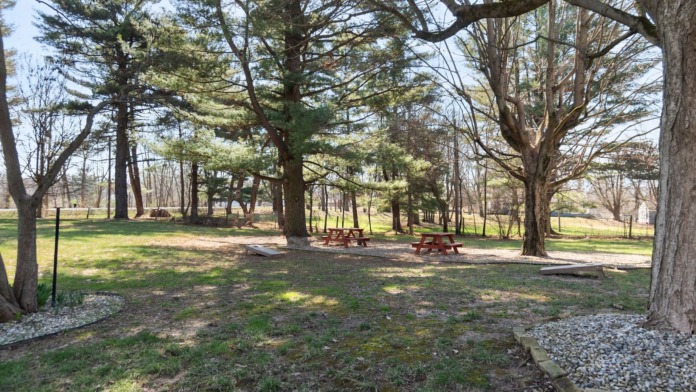 Exterior wooded grounds with multiple picnic tables, large mature trees, open green space for outdoor activities and relaxation