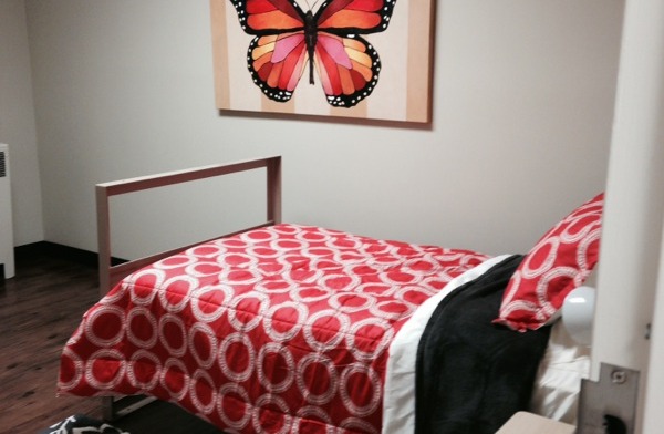 Interior bedroom with red patterned bedding, butterfly wall artwork, wood flooring, and minimal furnishings