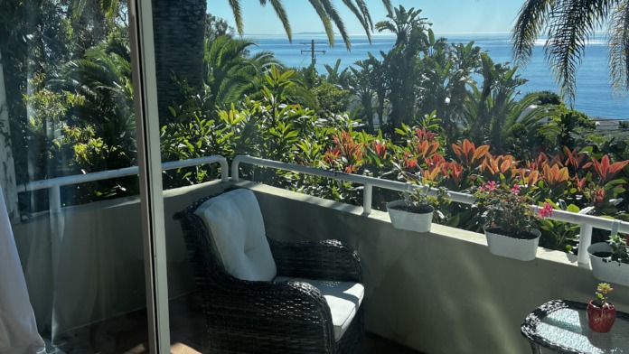 Exterior private balcony with wicker chair, potted flowering plants, and ocean view beyond landscaping