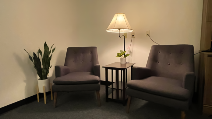 Interior private therapy space with two comfortable armchairs separated by small table with lamp, plant, and peaceful calming environment for one-on-one sessions