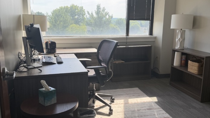 Interior office with large desk, office chair, blinds, window with landscape view, lamp, and shelving