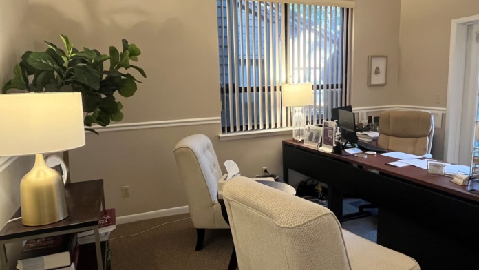 Interior office with cream chairs, dark wood desk, potted plant, and vertical blinds providing natural light