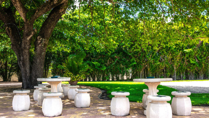 Exterior shaded seating area with concrete tables and stools under mature tree canopy, manicured lawn, facility building visible