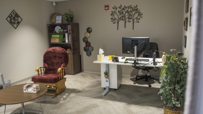 Interior office space with desk, computer monitor, burgundy chair, bookshelves, potted plant, and decorative elements.