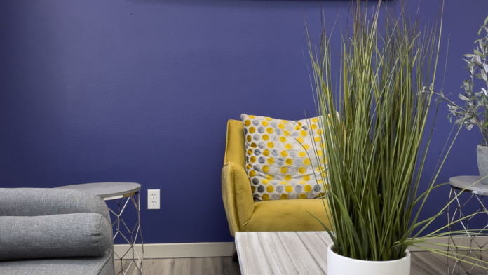 Interior room with purple accent wall, yellow chair, potted plant, gray furniture, and facility signage