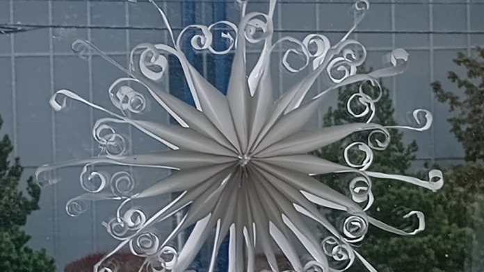 Exterior decorative metal star artwork hanging on facility window with landscaping visible in background