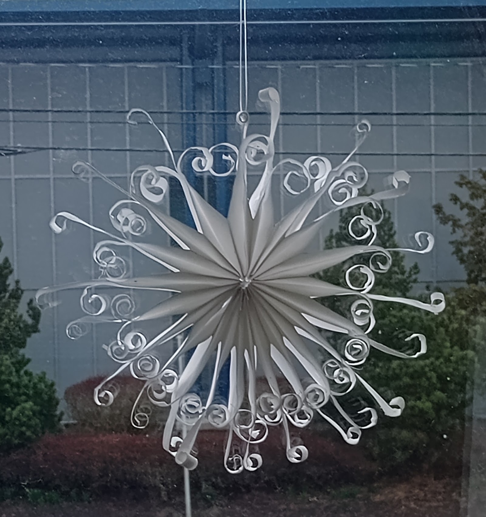 Exterior decorative metal star artwork hanging on facility window with landscaping visible in background