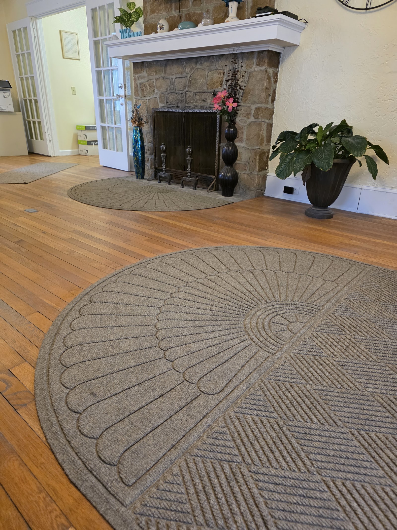 Interior common area featuring decorative fireplace mantel, potted plants, wooden flooring, and patterned rugs