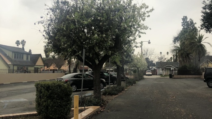 Outdoor parking area showing mature trees, parked vehicles, residential streetscape, and facility grounds