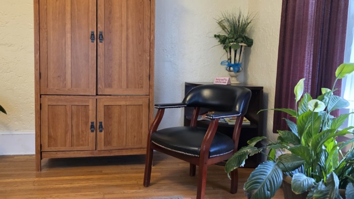 Interior lounge space with wooden storage cabinetry, leather seating, potted plants, and yellow walls