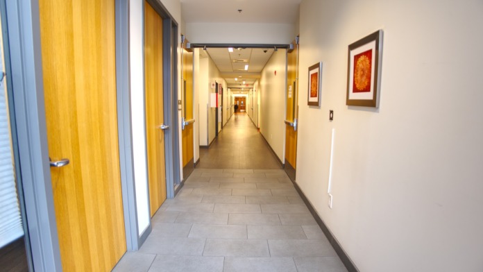 Interior hallway with wooden doors, artwork on walls, modern flooring, and professional facility design.