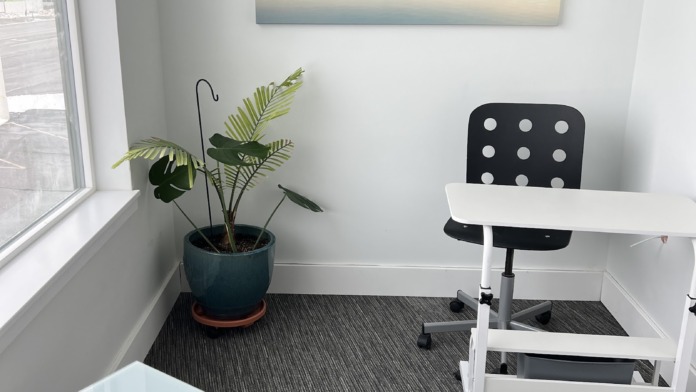 Interior office with white walls, natural window light, landscape artwork, green potted plant, and minimalist furnishings.