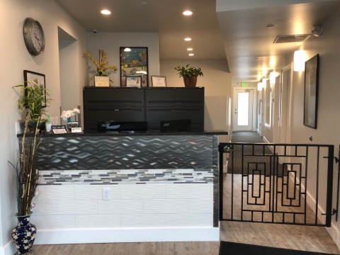 Interior reception area with white counter top, dark cabinetry, wall clock, potted plant, and geometric gate design.