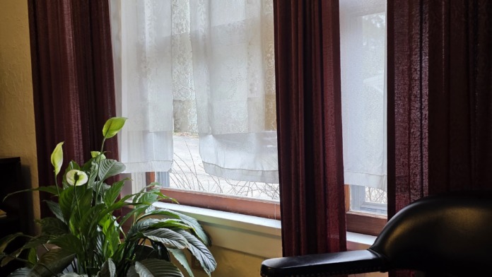 Interior window seating with leather chair, hanging potted ivy, burgundy drapes, and natural light from windows