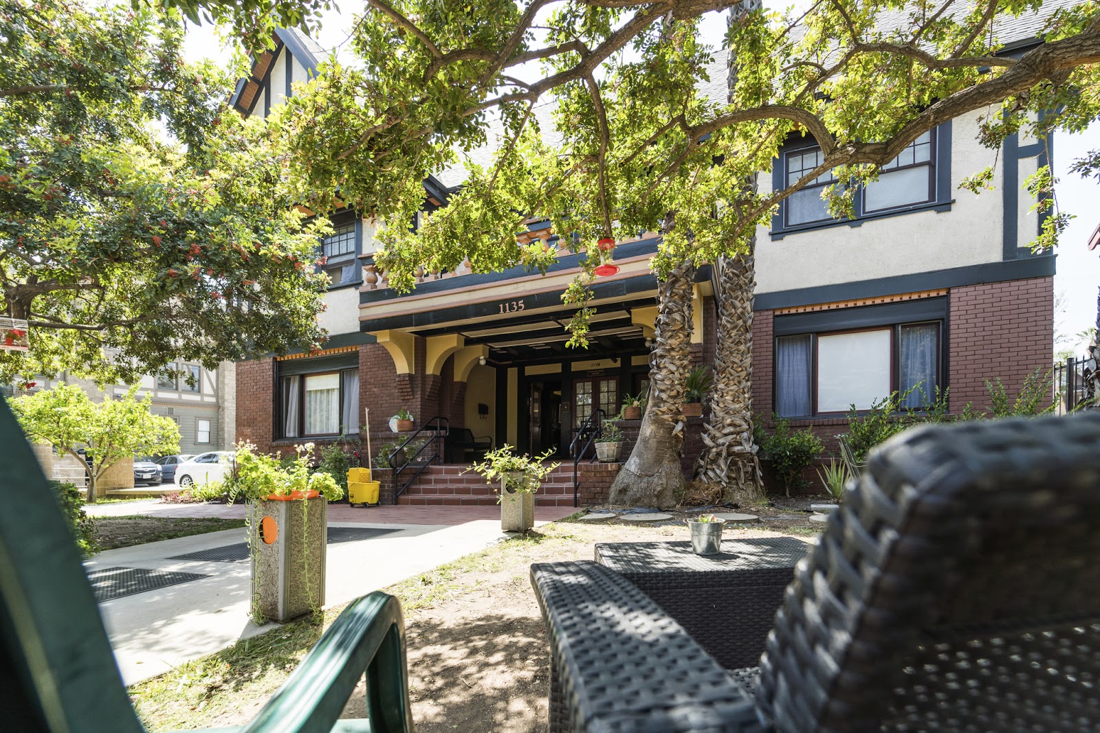 Courtyard view showing large tree, brick patio flooring, covered building entrance, and multi-story structure
