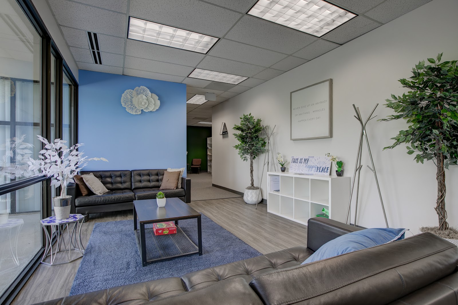 Interior lounge space with dark leather sofas, blue accent wall, decorative plants, and modern furnishings