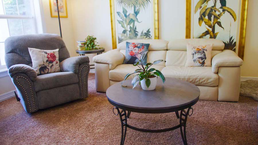 Interior common room with gray upholstered chair, cream sectional sofa, decorative pillows, potted plant, and botanical artwork.