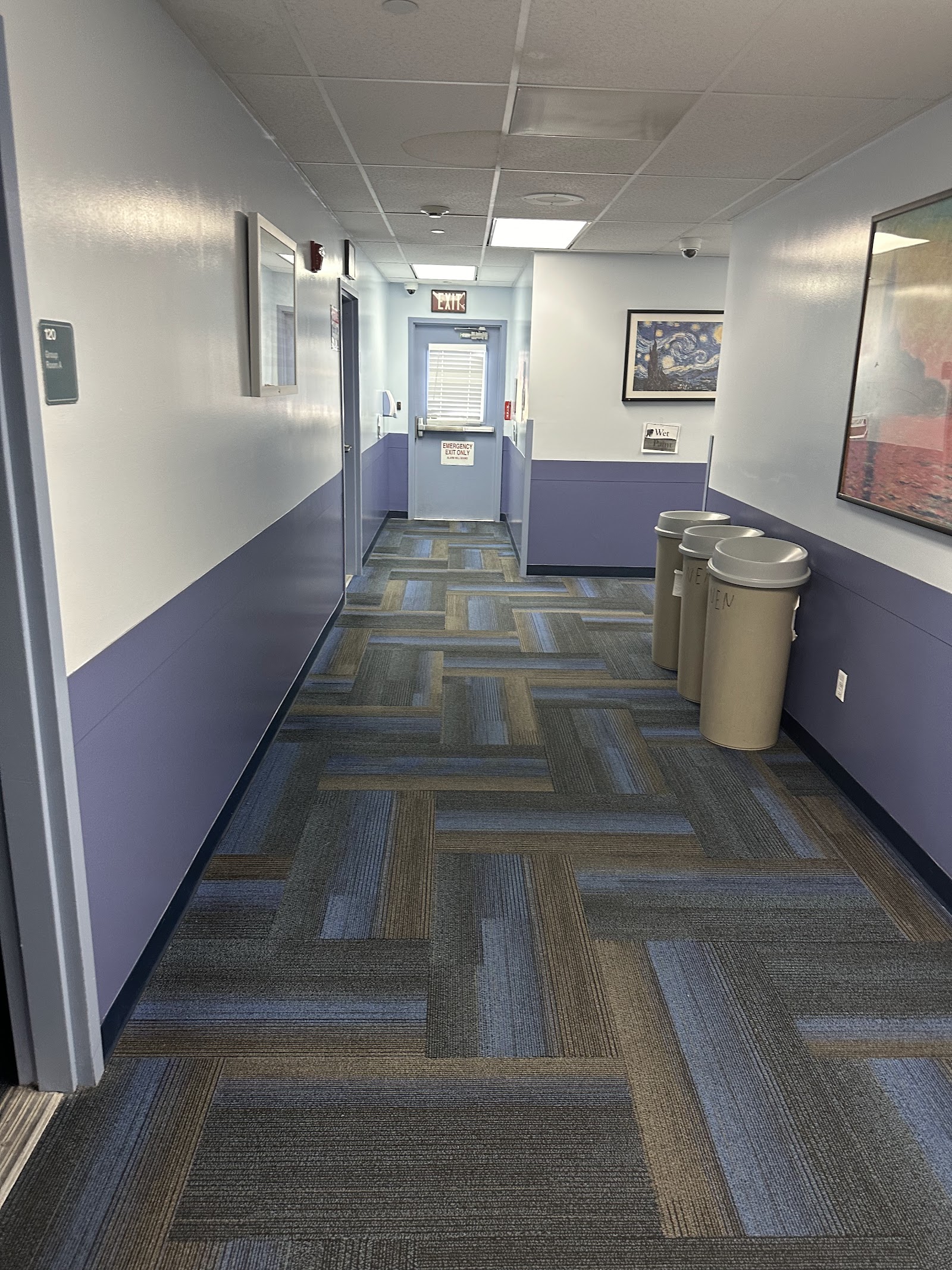 Interior hallway with white and purple walls, patterned carpet flooring, exit sign, and wall-mounted decorative artwork